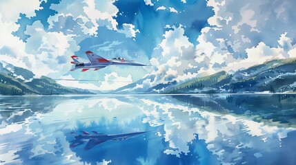 Artistic watercolor depiction of a MiG-15 jet soaring above a serene lake with fluffy white clouds reflecting in the water, merging tranquility with power - obrazy, fototapety, plakaty