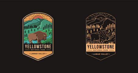 Retro Emblem patch vector illustration of Lamar Valley Yellowstone National Park