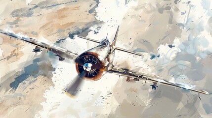 Artistic watercolor of a North American P-51 Mustang flying high above a sunlit white desert, the stark contrasts enhancing its powerful engine