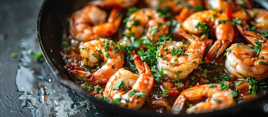 Fresh herbs and shrimp cooked on a skillet