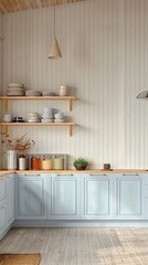 A kitchen wall with light blue cabinets and white vertical paneling, shelf for displaying dishes.