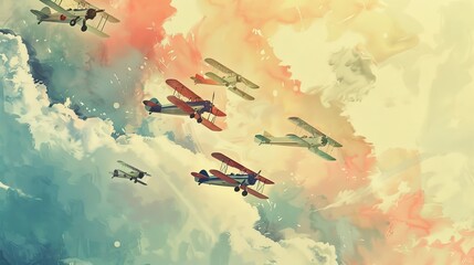 Charming watercolor scene with a series of small, colorful biplanes flying in formation, perfect for sparking imagination in young minds