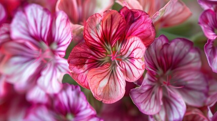Obraz premium Closeup of geranium pelargonium flowers, showcasing their vibrant colors and intricate petal patterns