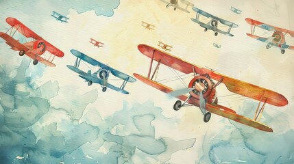 Charming watercolor scene with a series of small, colorful biplanes flying in formation, perfect for sparking imagination in young minds