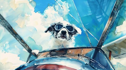 Delightful watercolor print of a puppy piloting a classic airplane, wearing aviator goggles, set against a bright blue sky