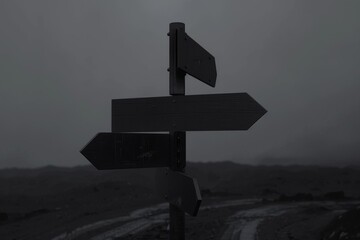 A dark and moody signpost set against a desolate landscape, symbolizing isolation and uncertainty, ideal for dramatic themes and story backgrounds