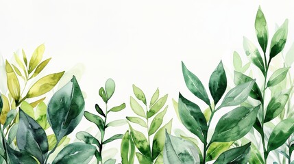 High-resolution image of lush green watercolor foliage, painted with a variety of vibrant greens, elegantly isolated against a crisp white background