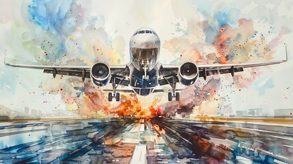 Detailed watercolor of an aircraft taking off, the rush of the runway and the excitement of lift-off captured in fluid, energetic strokes