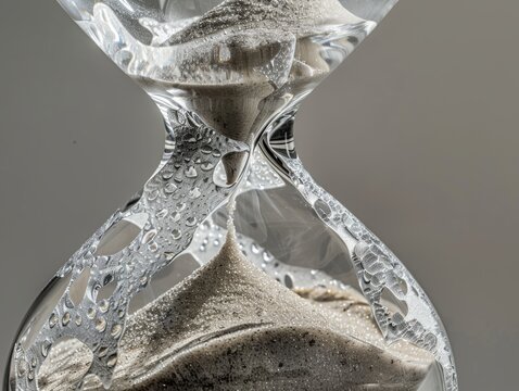 High-resolution image of the intricate details visible as an hourglass is rotated, showing the grains of sand caught in motion against the glass