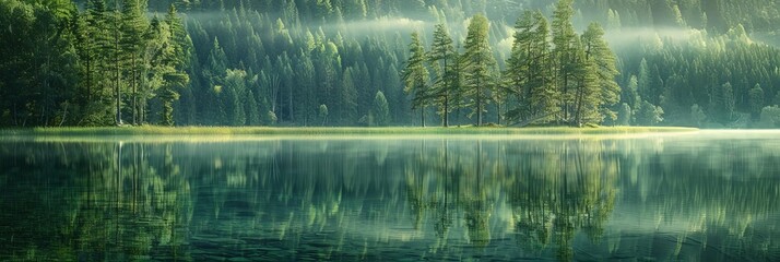 a serene lake surrounded by lush green trees, with a tall tree standing out in the foreground