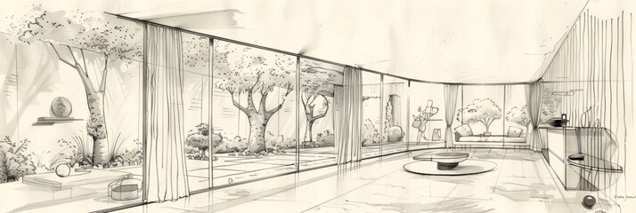 A detailed sketch of a luxurious home interior with expansive glass windows offering a serene view of a lush garden, ideal for architectural presentations