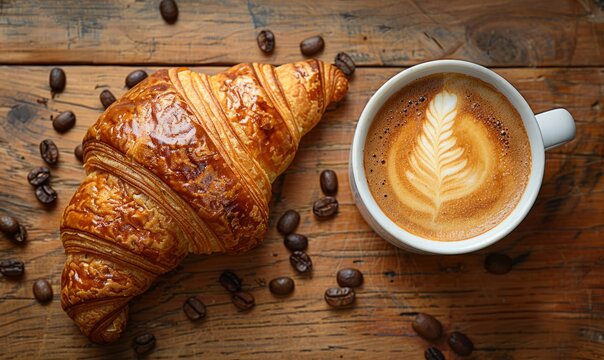 a cup of coffee with latte art alongside a flaky, buttery croissant on a wooden surface scattered with coffee beans.