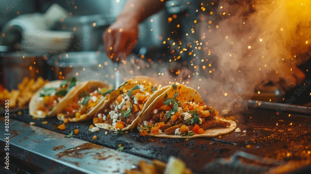 Wall mural candid shot of tacos being made in a foodtruck - Wall murals