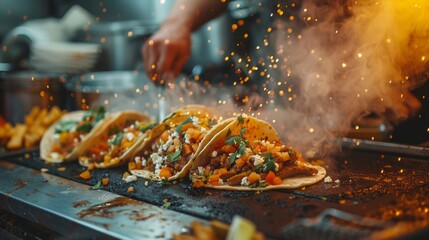 Candid shot of tacos being made in a foodtruck