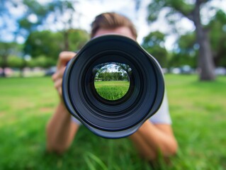 A close-up view of a large camera lens with a blurred photographer holding it in a park setting.