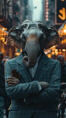 Elegant elephant gracefully walks through urban streets, adorned in tailored sophistication, epitomizing street style. The realistic city backdrop captures the majestic presence blended with contempor