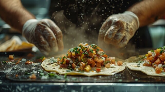 Candid shot of tacos being made in a foodtruck