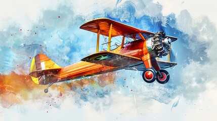 Dynamic watercolor of a vintage biplane performing an aerial show, the vibrant colors of the plane contrasting against a clear blue sky
