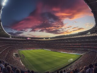 Vibrant skies at dusk above a packed football stadium, capturing the energy of sport and nature.