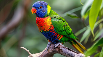 Naklejka premium A colorful parrot is perched on a branch in a lush green forest. The bird's vibrant colors and the surrounding greenery create a sense of tranquility and natural beauty. colorful bird, colored bird