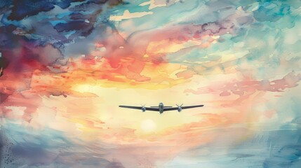 Gentle watercolor depicting a vintage propeller plane flying across a dawn-lit sky, the subtle colors evoking warmth and comfort
