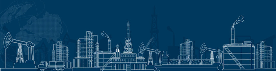 Gas and oil industry platform with Outbuildings, Oil storage tank and more. Banner, Poster, Brochure, Flyer Design. Vector Illustration eps10