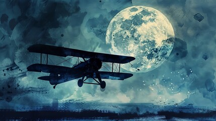Fototapeta premium Peaceful watercolor of a vintage biplane silhouetted against a full moon, the calm night sky contrasting with the thrill of early aviation