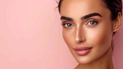 Fototapeta premium Woman with subtle makeup on soft background, ideal for text in portrait photography