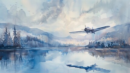 Peaceful watercolor of an early morning flight scene with a vintage jet crossing over a calm lake, reflecting the tranquility and beauty of flight
