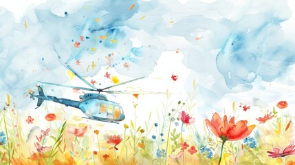 Playful watercolor illustration of a helicopter dropping flowers from the sky, combining elements of flight and nature for nursery decor