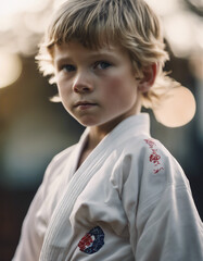 Portrait of a white American karate child in kimono

