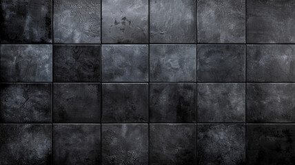 A black and white photo of a wall with black tiles