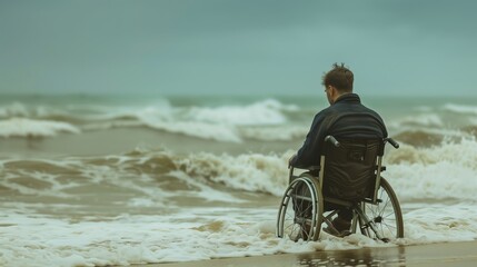 Obraz premium Man with disability sitting on a wheelchair and looking ocean waves