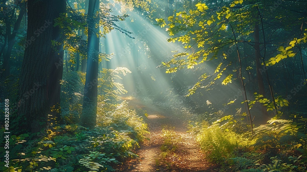 Poster Enchanting forest path illuminated by sunlight filtering through the trees