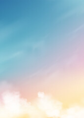 Sky Background,Blue color abstract fluffy cloud,Cartoon Morning Summer Sky pastel yellow,pink,Fantasy dramatic soft orange Sunset in Autumn,Vector illustration fairy blur gradient sunrise in Winter