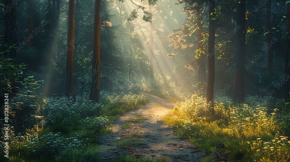 Poster Enchanting forest path illuminated by sunlight filtering through the trees
