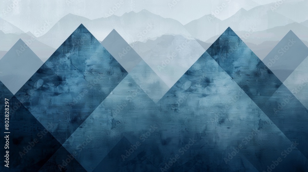 Poster A series of overlapping triangles of varying sizes and shades reminiscent of the layered peaks of a mountain range..