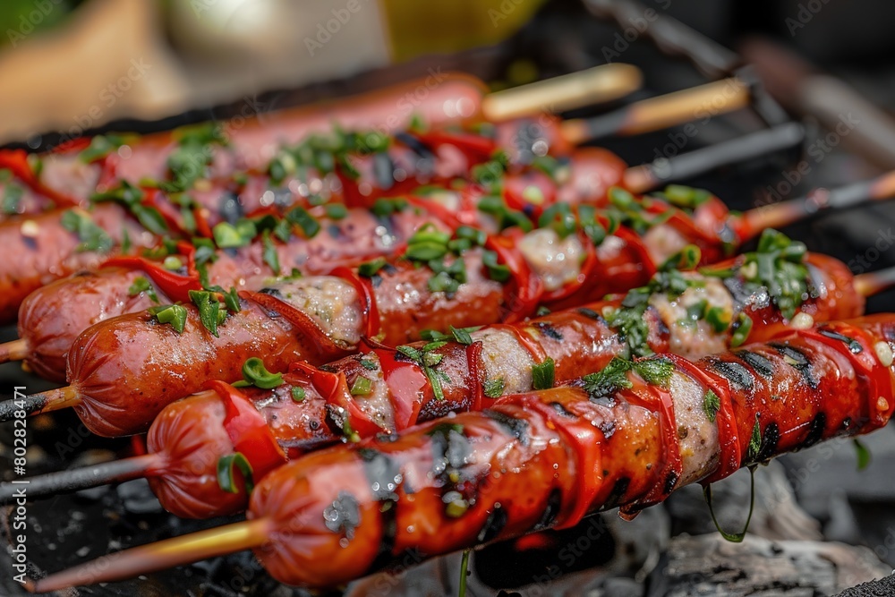Wall mural barbecued hot dog or italian sausage on a skewer, a delicious grilled food for outdoor events - Wall murals