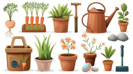 Gardening Tools and Supplies Illustrated for a Greenhouse and Gardening Concept