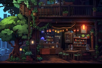 Naklejka premium Animated Picture of a Restaurant With a Tree in Front