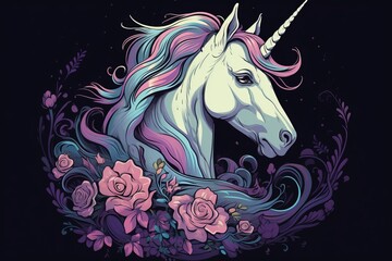 Majestic Unicorn With Long Mane and Flowers on Black Background