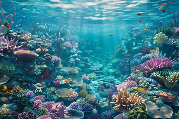 A thriving underwater ecosystem a vibrant coral reef ecosystem flourishes beneath the surface of a crystal-clear tropical ocean, teeming with diverse marine life in a symbiotic dance.