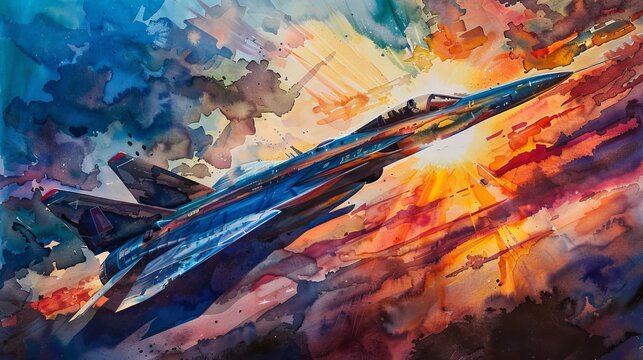 Retro watercolor scene featuring a Lockheed F-104 Starfighter jetting past with a backdrop of a vivid sunset, evoking speed and innovation