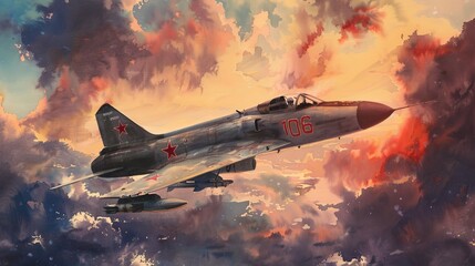 Tranquil watercolor painting of a MiG-15 ascending in a sky at dusk, the fading light casting a glow that underscores the aircraft's historic significance - obrazy, fototapety, plakaty