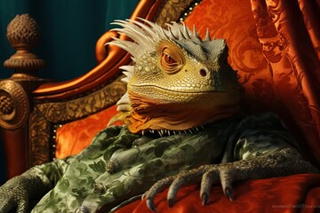Fototapeta premium Large Lizard Perched on Red Chair