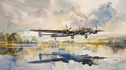 Tranquil watercolor painting of an Avro Lancaster gliding over a calm body of water, its reflection merging with the peaceful surroundings