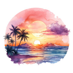 Beautiful Beach Sunset Isolated Detailed Watercolor Hand Drawn Painting Illustration