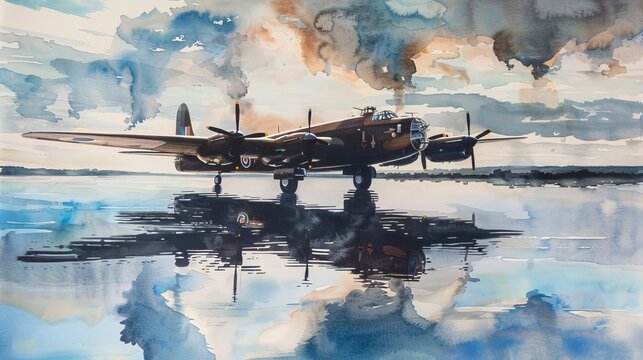 Tranquil watercolor painting of an Avro Lancaster gliding over a calm body of water, its reflection merging with the peaceful surroundings