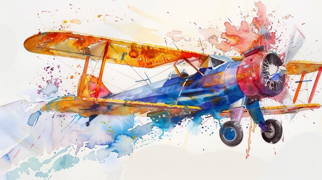 Vibrant watercolor of a classic barnstormer performing aerial stunts, bright colors against the white sky capturing the thrill and excitement of the show