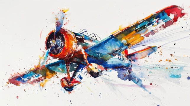 Vibrant watercolor of a classic barnstormer performing aerial stunts, bright colors against the white sky capturing the thrill and excitement of the show